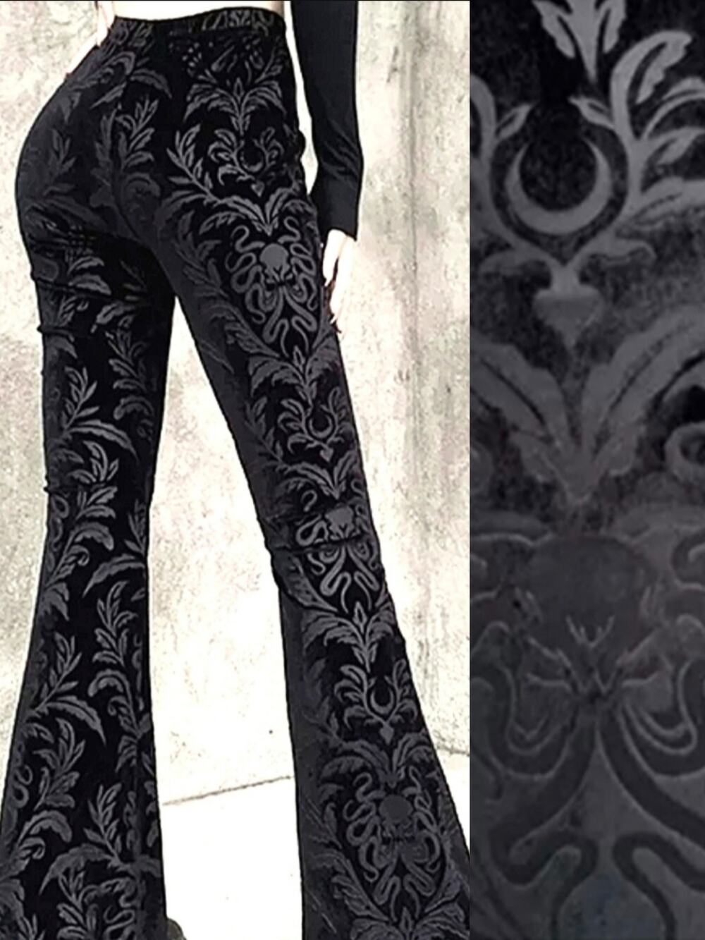 NWT Large Black Velour Damask Brocade Goth Cthulhu Flares